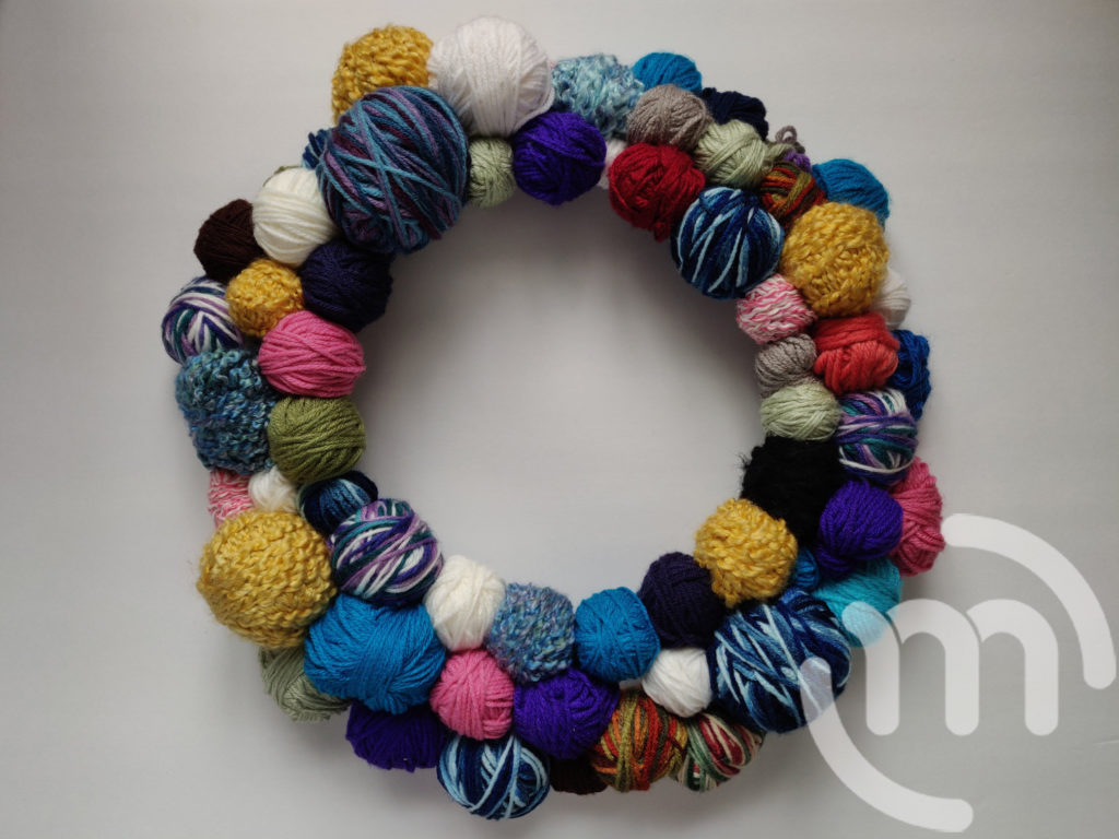 Finished ball of yarn wreath 